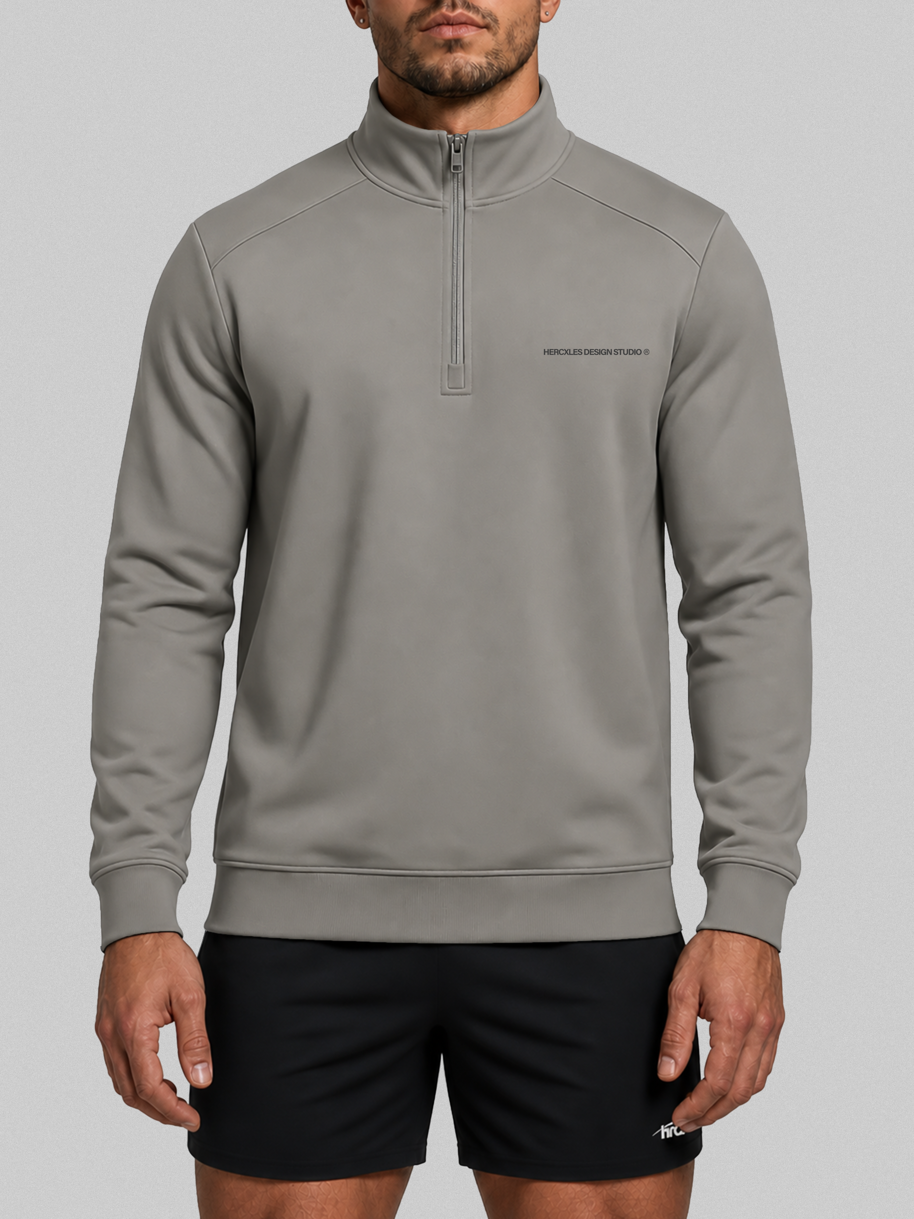 HCX feature detail: Studios Quarter Zip Sweatshirt - Grey model